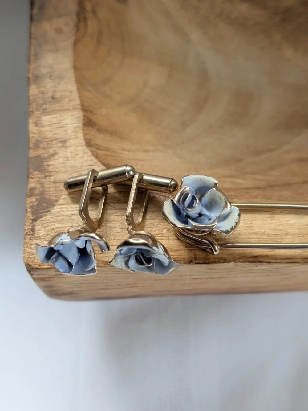 Vintage Cornflower Blue Enameled Rose Cufflinks and Tie Pin Set